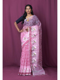 Unnati Silks - Pink Pure Hand Painted with Embroidery Kota Saree with Unstitched Blouse