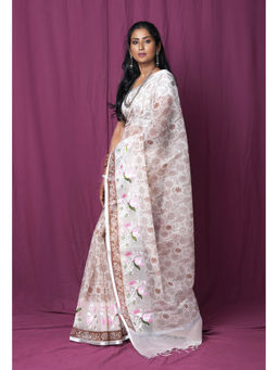 Unnati Silks - Cream Pure Hand Painted with Embroidery Kota Saree with Unstitched Blouse
