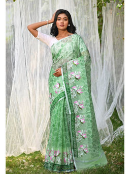 Unnati Silks - Green Pure Hand Painted with Embroidery Kota Saree with Unstitched Blouse