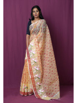 Unnati Silks - Yellow Pure Hand Painted with Embroidery Kota Saree with Unstitched Blouse
