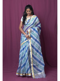 Unnati Silks - Blue Pure Hand Painted Kota Saree with Unstitched Blouse