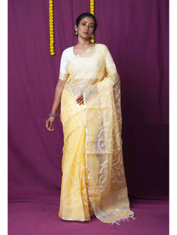Unnati Silks - Yellow Pure Embroidery Kota Saree with Unstitched Blouse