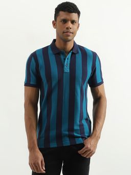 United Colors of Benetton - Blue Regular Fit Collar Neck Striped Polo T-Shirt