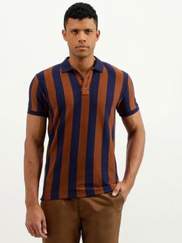 United Colors of Benetton - Rust & Navy Blue Regular Fit Collar Neck Striped Polo T-Shirt