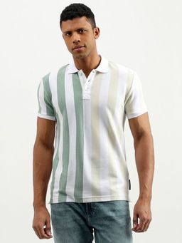 United Colors of Benetton - White & Green Regular Fit Collar Neck Striped Polo T-Shirt