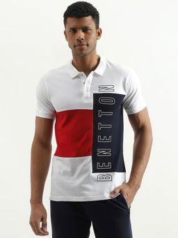 United Colors of Benetton - White & Red Regular Fit Collar Neck Colorblock Polo T-Shirt
