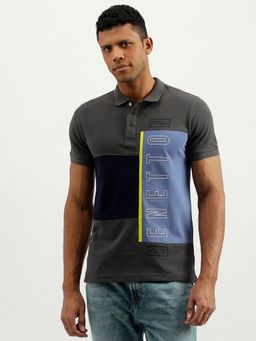 United Colors of Benetton - Grey & Navy Blue Regular Fit Collar Neck Colorblock Polo T-Shirt