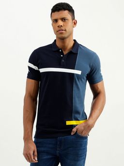 United Colors of Benetton - Navy Blue Regular Fit Collar Neck Colorblock Polo T-Shirt