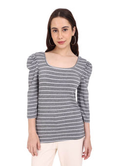U.S. POLO ASSN. - Women Grey Puff Sleeve Scoop Neck Striped Top