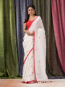 Angoshobha - White Handwoven Linen Jamdani Saree with Unstitched Blouse