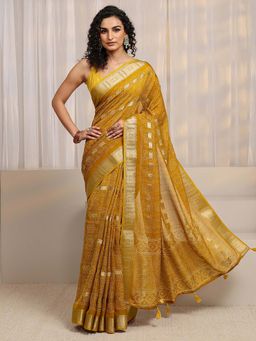Libas - Mustard Bandhani & Woven Design Saree With Unstitched Blouse