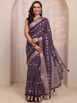 Libas - Purple Bandhani & Woven Design Saree With Unstitched Blouse