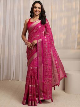 Libas - Pink Bandhani Printed & Woven Design Saree With Unstitched Blouse