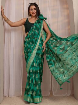 Libas - Green Floral Printed And Woven Design Saree With Unstitched Blouse