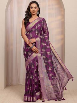 Libas - Purple Floral Printed And Woven Design Saree With Unstitched Blouse