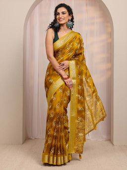 Libas - Mustard Floral Printed And Woven Design Saree With Unstitched Blouse
