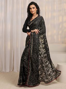 Libas - Black Floral Printed And Embellished Border Saree With Unstitched Blouse