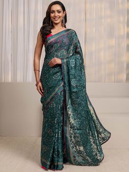 Libas - Blue Floral Printed And Embellished Border Saree With Unstitched Blouse