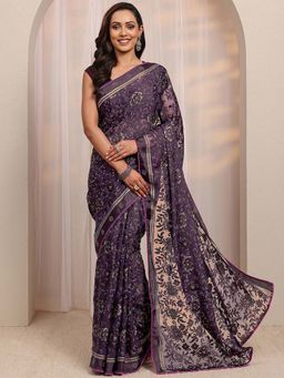 Libas - Purple Floral Printed And Embellished Border Saree With Unstitched Blouse