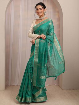 Libas - Teal Floral Woven Design Saree With Unstitched Blouse