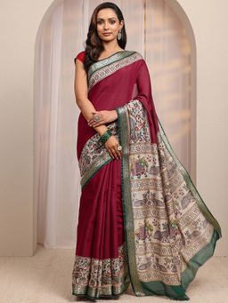 Libas - Maroon Printed And Woven Design Saree With Unstitched Blouse