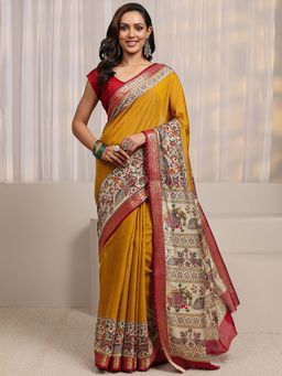 Libas - Mustard Printed And Woven Design Saree With Unstitched Blouse