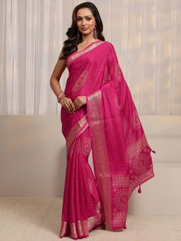 Libas - Pink Bandhani & Woven Design Saree With Unstitched Blouse