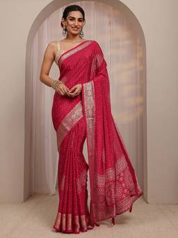 Libas - Red Bandhani & Woven Design Saree With Unstitched Blouse