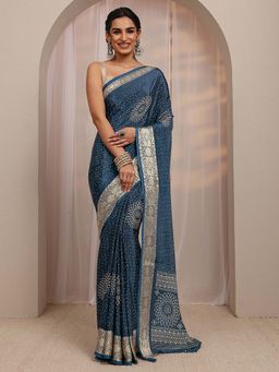 Libas - Navy Bandhani & Woven Design Saree With Unstitched Blouse