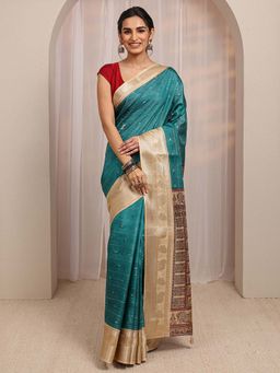 Libas - Teal Ethnic Motif Zari Woven Design Saree With Unstitched Blouse