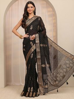 Libas - Black Floral Woven Design Saree With Unstitched Blouse