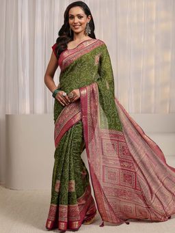 Libas - Green Bandhani & Zari Woven Design Saree With Unstitched Blouse