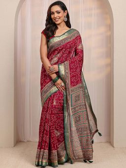 Libas - Red Bandhani & Zari Woven Design Saree With Unstitched Blouse