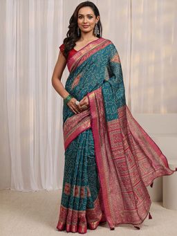 Libas - Teal Bandhani & Zari Woven Design Saree With Unstitched Blouse