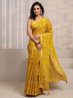 Libas - Mustard Floral Printed Zari Border Design Saree With Unstitched Blouse