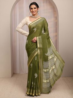 Libas - Olive Printed & Zari Woven Design Saree With Unstitched Blouse
