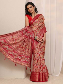 Libas - Red Paisley Printed & Zari Woven Design Saree With Unstitched Blouse