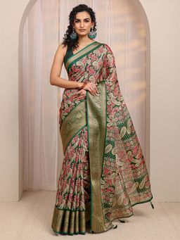 Libas - Green Paisley Printed & Zari Woven Design Saree With Unstitched Blouse