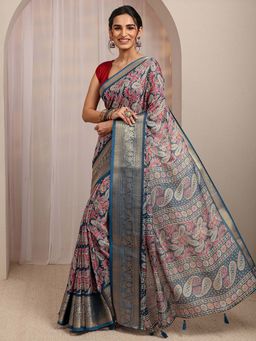 Libas - Navy Paisley Printed & Zari Woven Design Saree With Unstitched Blouse