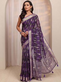 Libas - Purple Floral Printed Zari Woven Design Saree With Unstitched Blouse