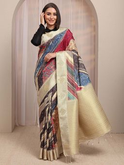 Libas - Multi Ethnic Motif Printed Zari Woven Design Saree With Unstitched Blouse