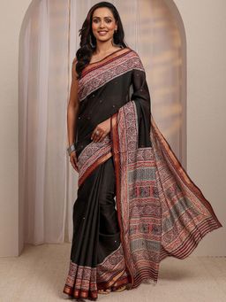 Libas - Black Mirror Work Printed Border Woven Design Saree With Unstitched Blouse