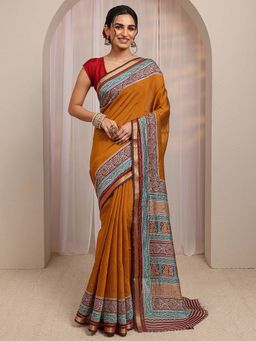 Libas - Mustard Mirror Work Printed Border Woven Design Saree With Unstitched Blouse