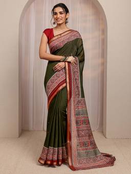 Libas - Green Mirror Work Printed Border Woven Design Saree With Unstitched Blouse