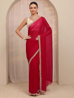 Libas - Red Solid & Beads Embellished Border Design Saree With Unstitched Blouse