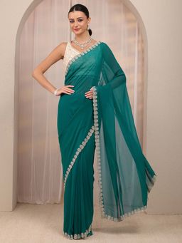 Libas - Teal Solid & Beads Embellished Border Design Saree With Unstitched Blouse