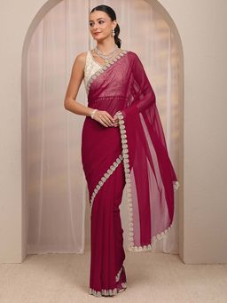 Libas - Maroon Solid & Beads Embellished Border Design Saree With Unstitched Blouse