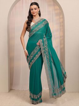Libas Art - Green Floral Beads Embellished Border Design Saree With Unstitched Blouse