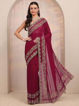 Libas Art - Wine Floral Beads Embellished Border Design Saree With Unstitched Blouse