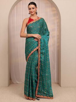 Libas - Green Ethnic Motif Printed Embellished & Tassel Border Saree With Unstitched Blouse